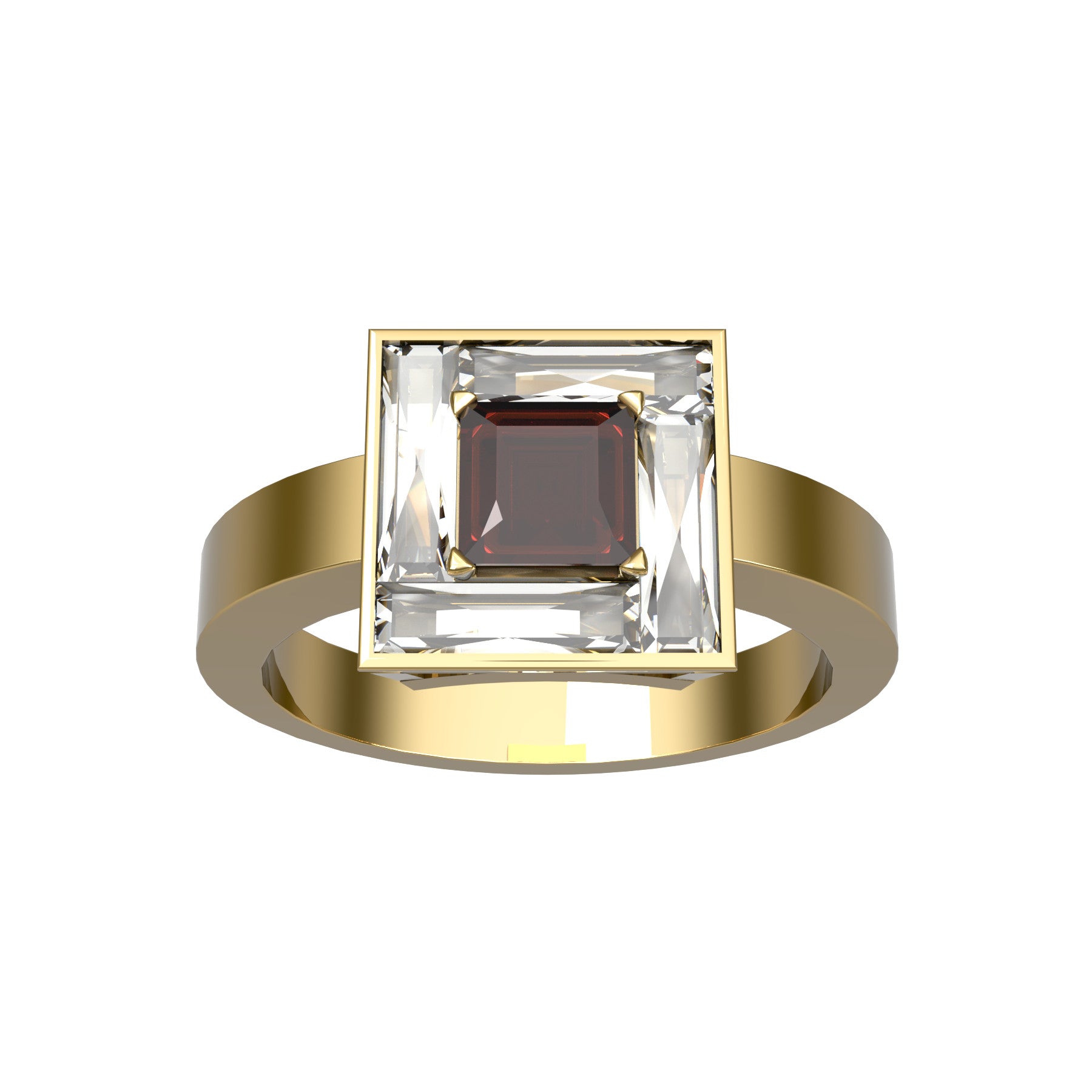 true passion ring, 18 K yellow gold, about 0,34 ct square emerald natural ruby, natural baguette diamonds, weight about 4,5 g. (0.16 oz), width 9,3 mm max