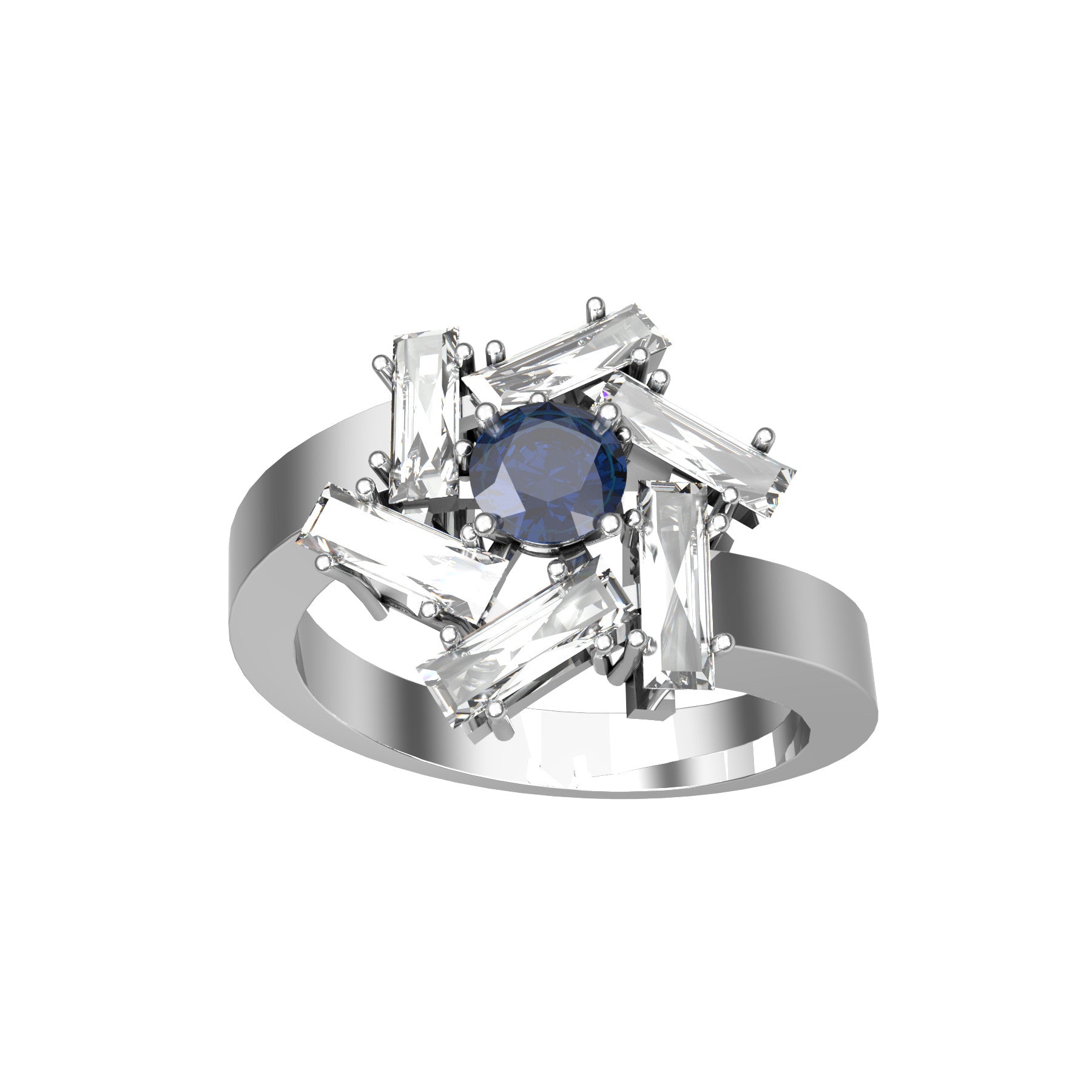 moulinet ring, 18 K white gold, about 0,34 ct round natural sapphire, natural baguette diamonds, weight about 5,5 g. (0.19 oz), width 13,3 mm max